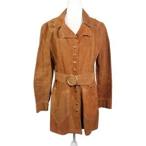 Vintage 70s Brown Suede Leather Studded Western Jacket Belted Boho Coat S